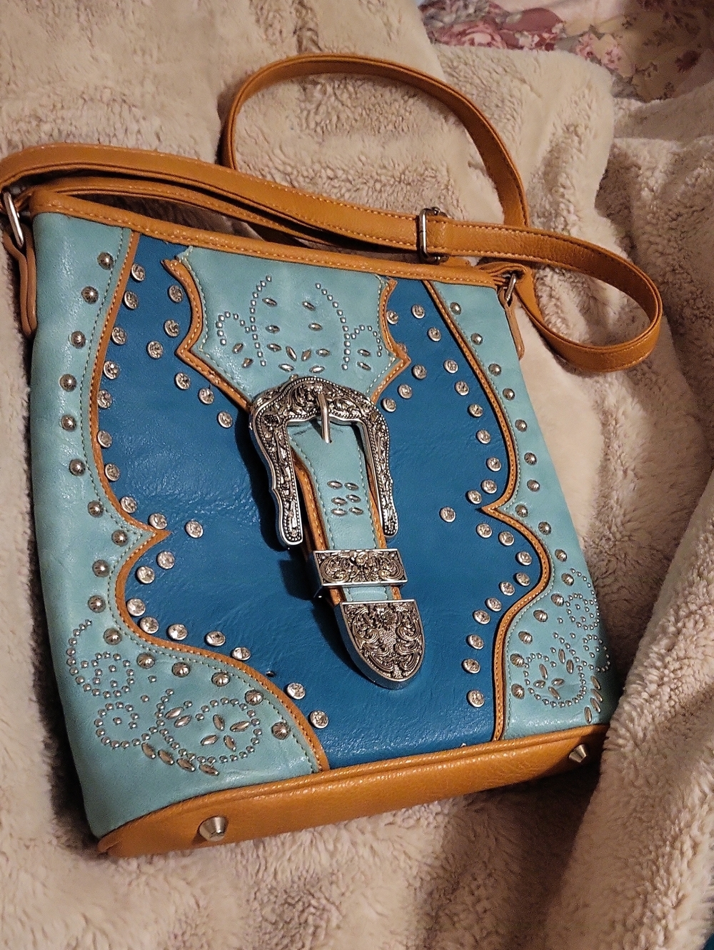 Turquoise & Tan Embellished Crossbody Bag with Western Buckle, Concealed Carry